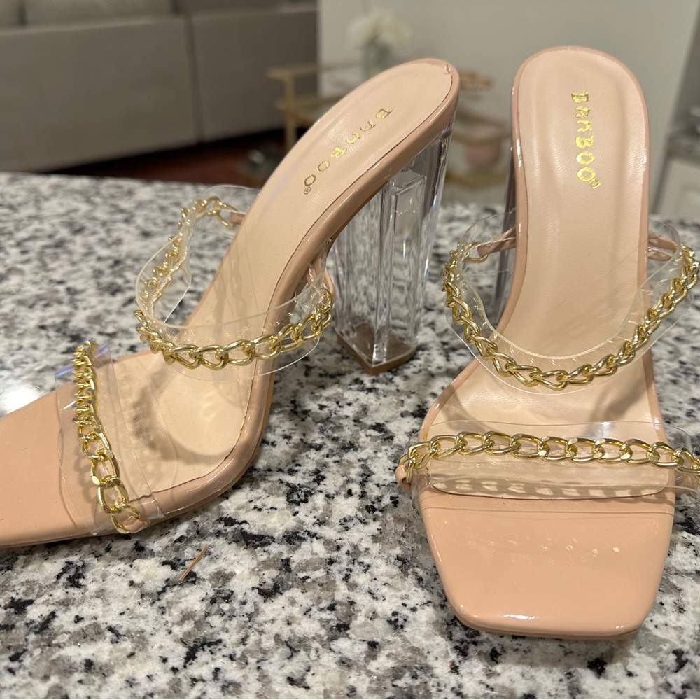 Bamboo double strap clear heel